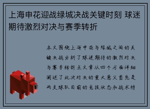 上海申花迎战绿城决战关键时刻 球迷期待激烈对决与赛季转折